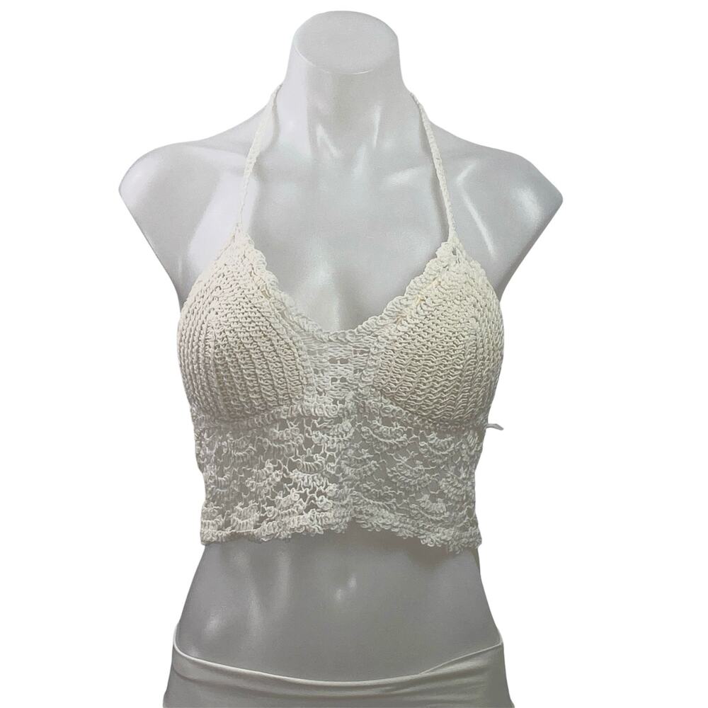 NEW Sergio Modamare White Crochet Knit Halter Tie Open Back Boho Crop Top Size S